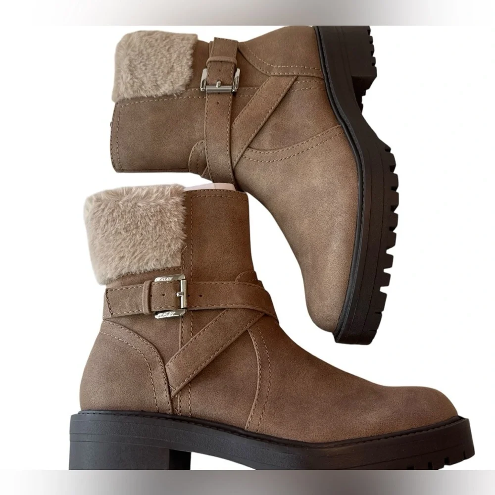 DV By Dolce Vita Oaklyn Faux Leather Boots Brown Fur Round Toe Zip Buckle 8.5